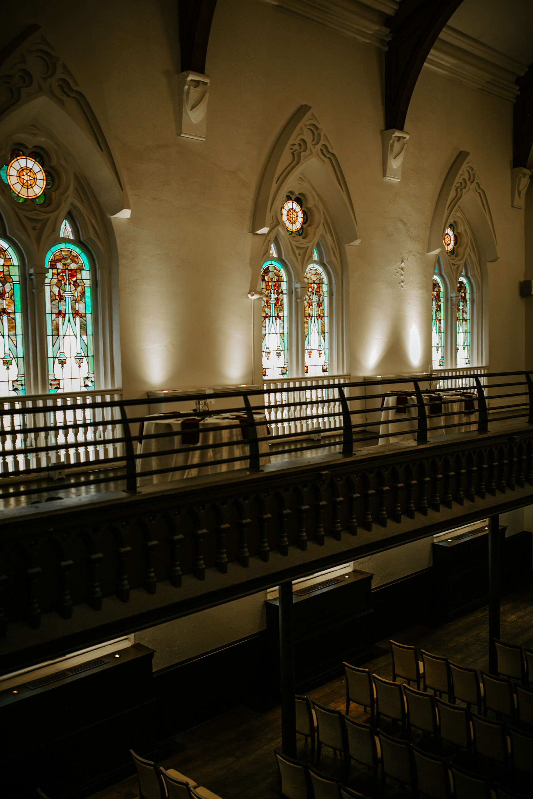 Detail photograph of the stained glass windows at The Transept Wedding Venue in Cincinnati, Ohio.