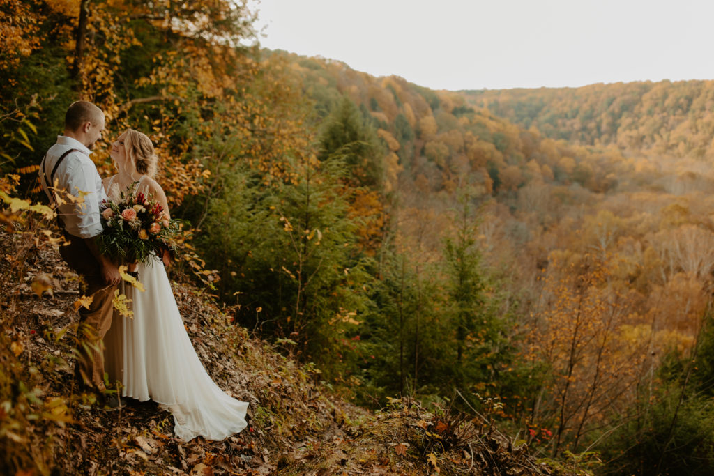 Eloping couple on the lookout at Mohican State Park 
