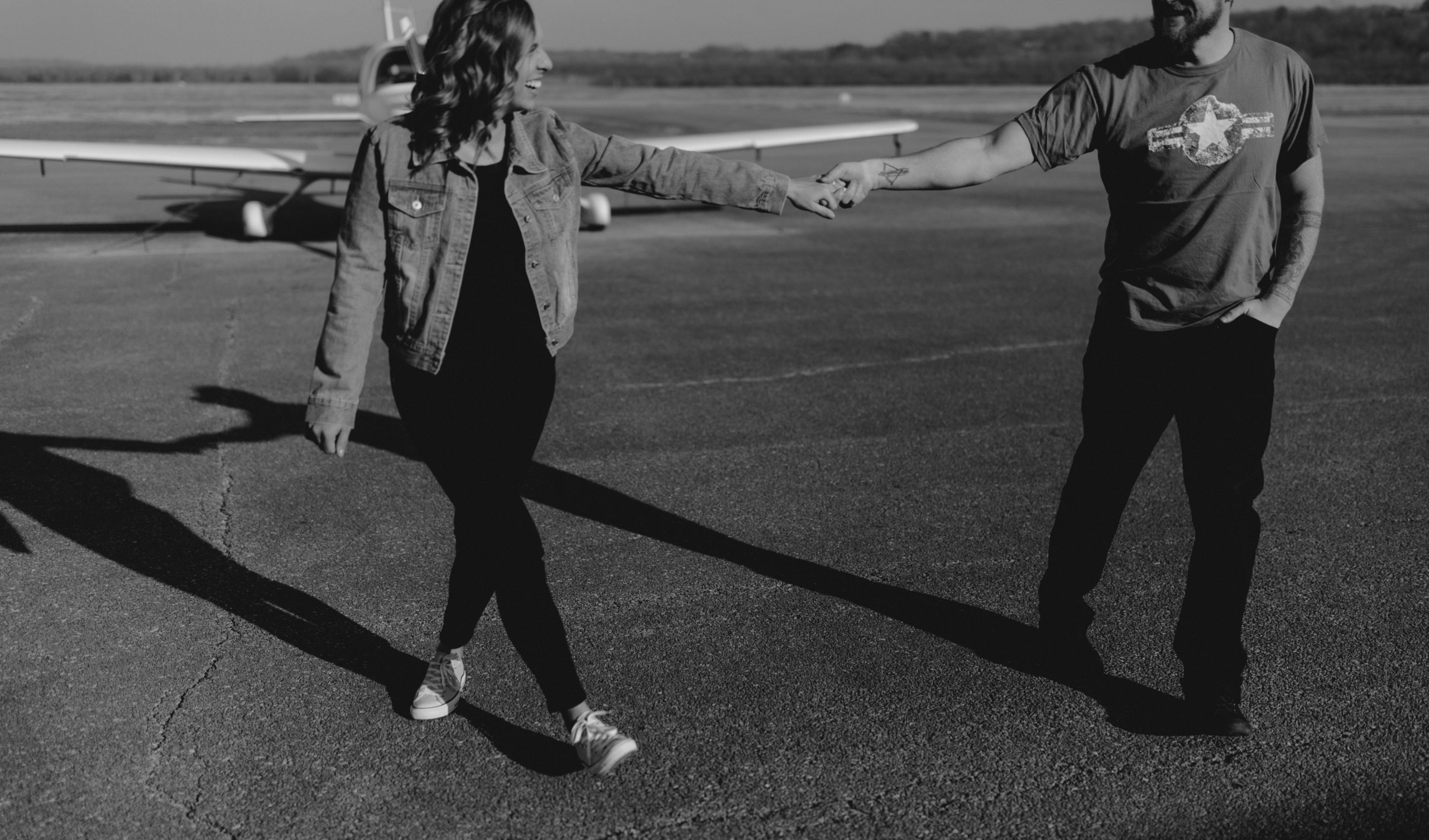 Black and White Sunset Engagement Photography at Lunken Airport in Cincinnati Ohio