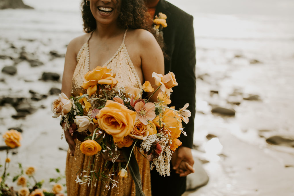Large Gold Rose and Ranunculus Wedding Bouquet on Oregon Bride with Gold Wedding Dress
