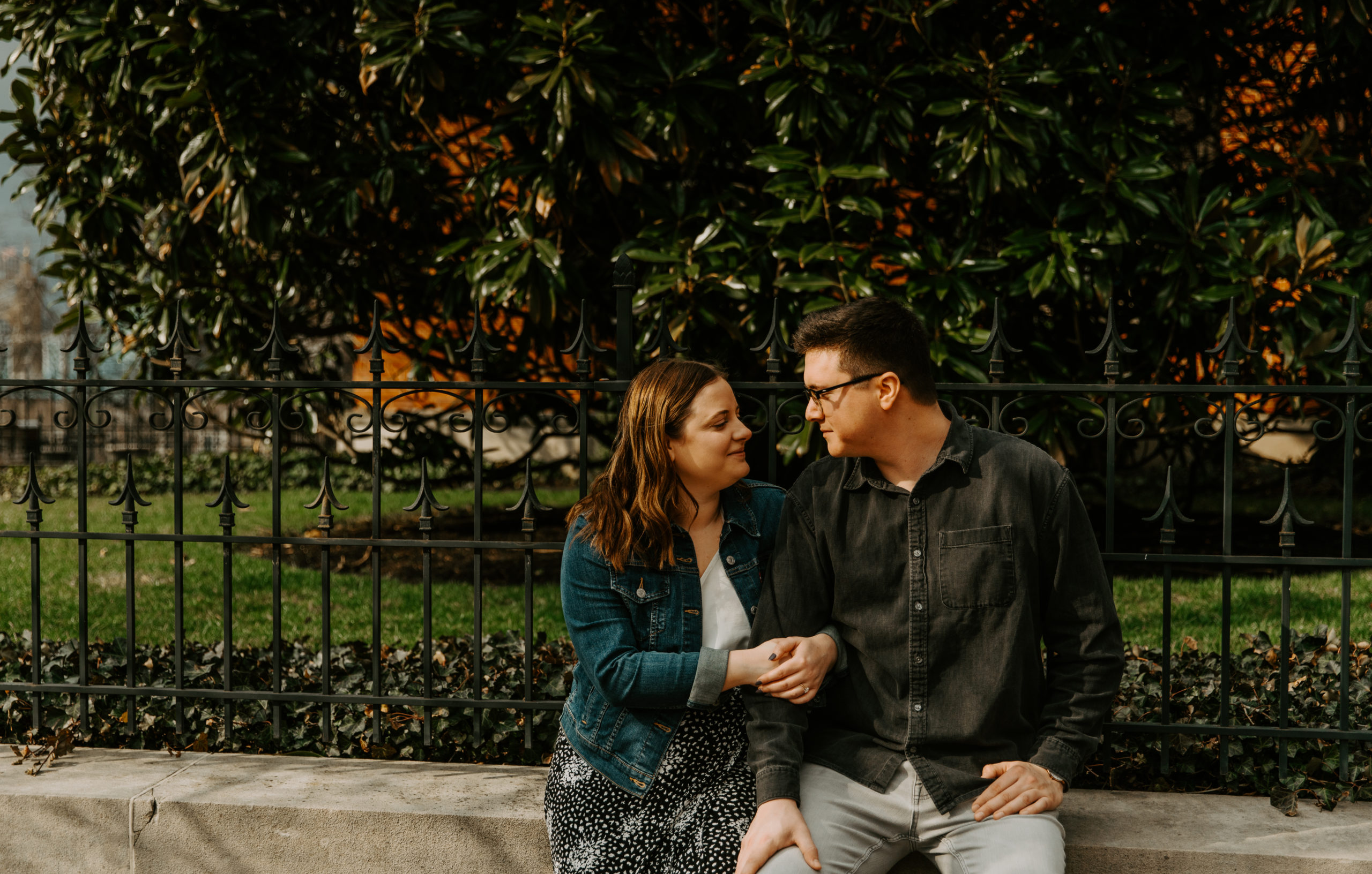 Moody Covington Kentucky Engagement Session in front of Magnolia Tree