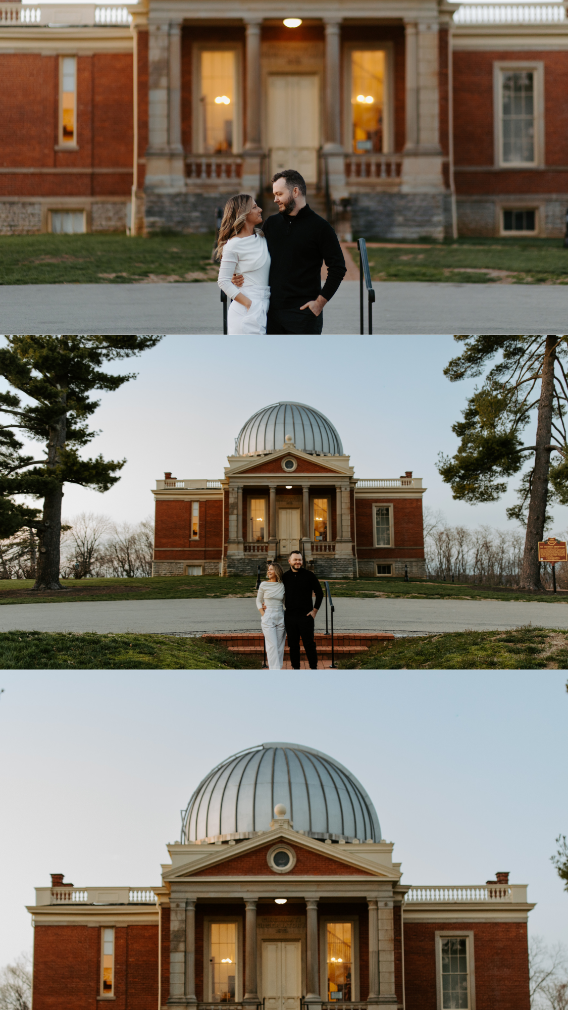 Collage of couple's photos in front of the Cincinnati Observatory for their engagement Photos. 