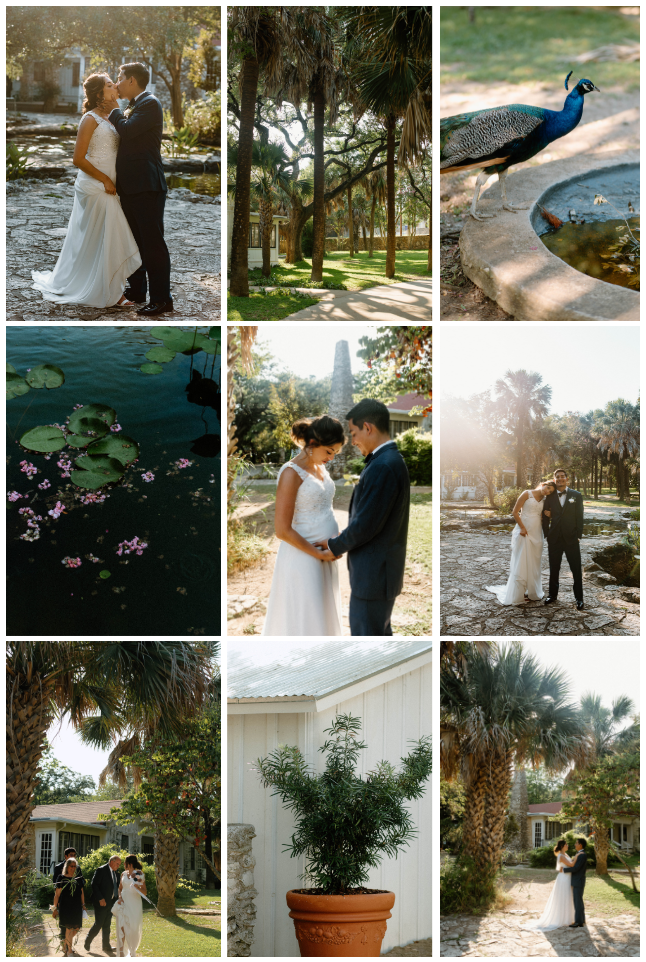 Collage of Wedding Photographs taken at Mayfield Cottage and Gardens in Austin, Texas. 