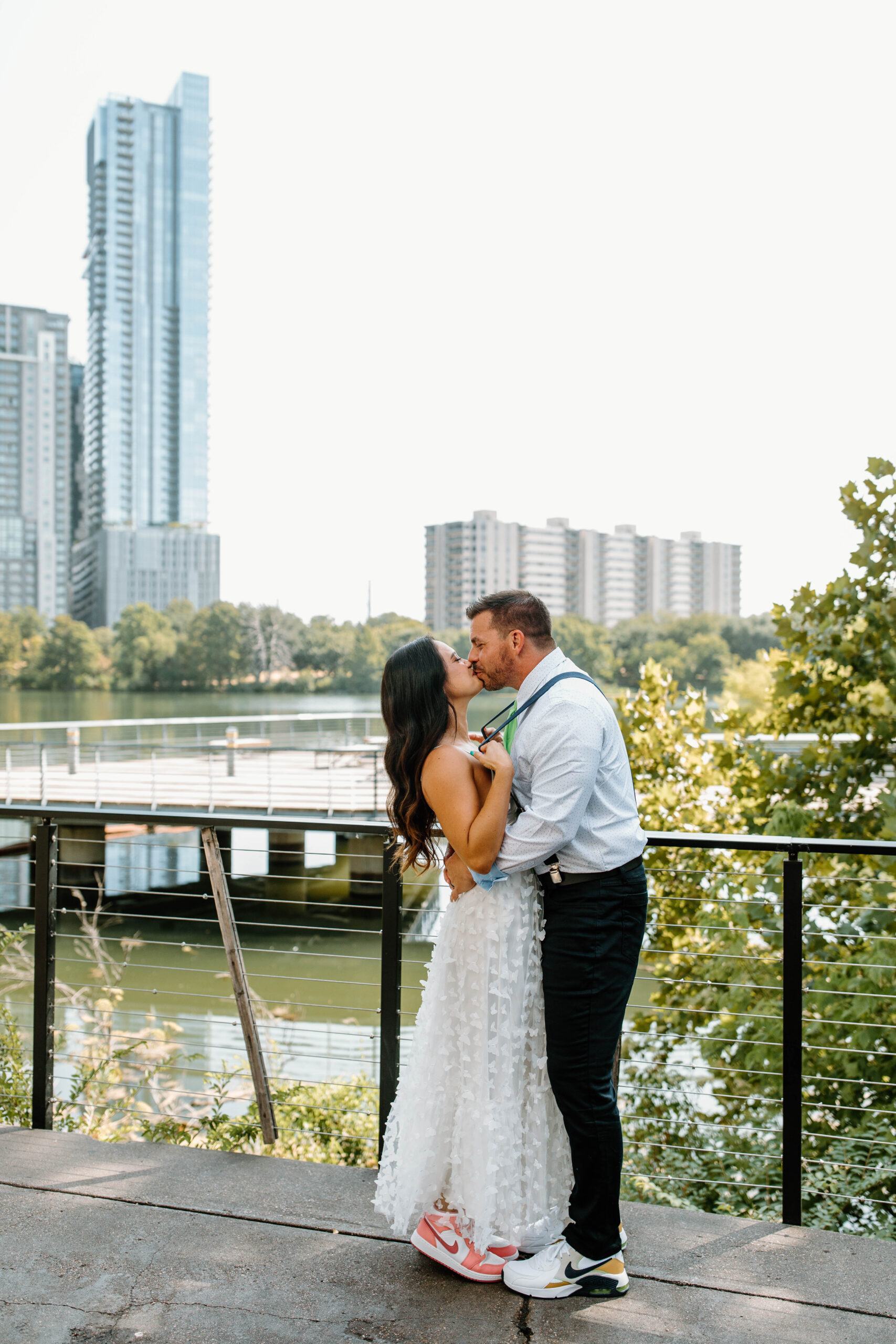 Wedding Photographs of the Austin City Skyline at Couple's Summer Elopement at Cidercade