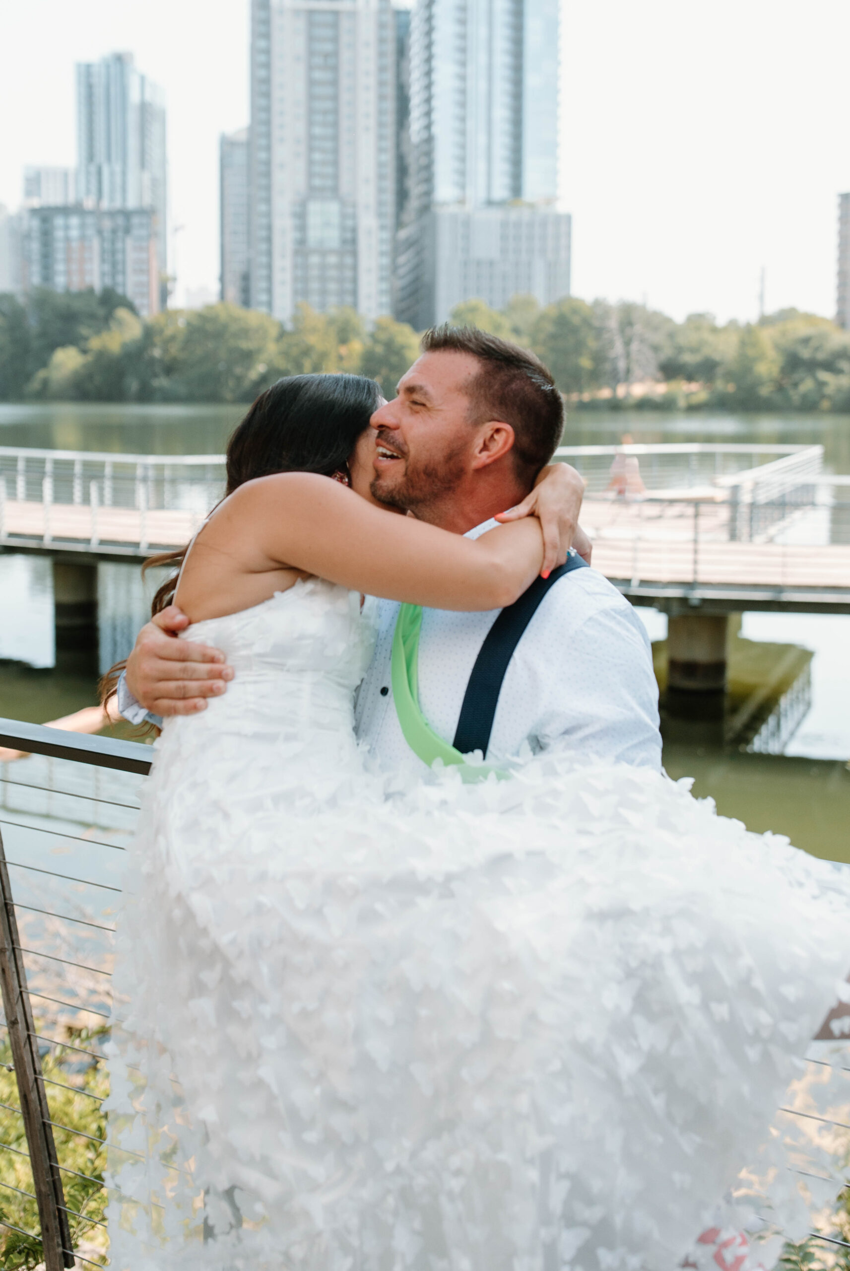 Wedding Photographs of the Austin City Skyline at Couple's Summer Elopement at Cidercade