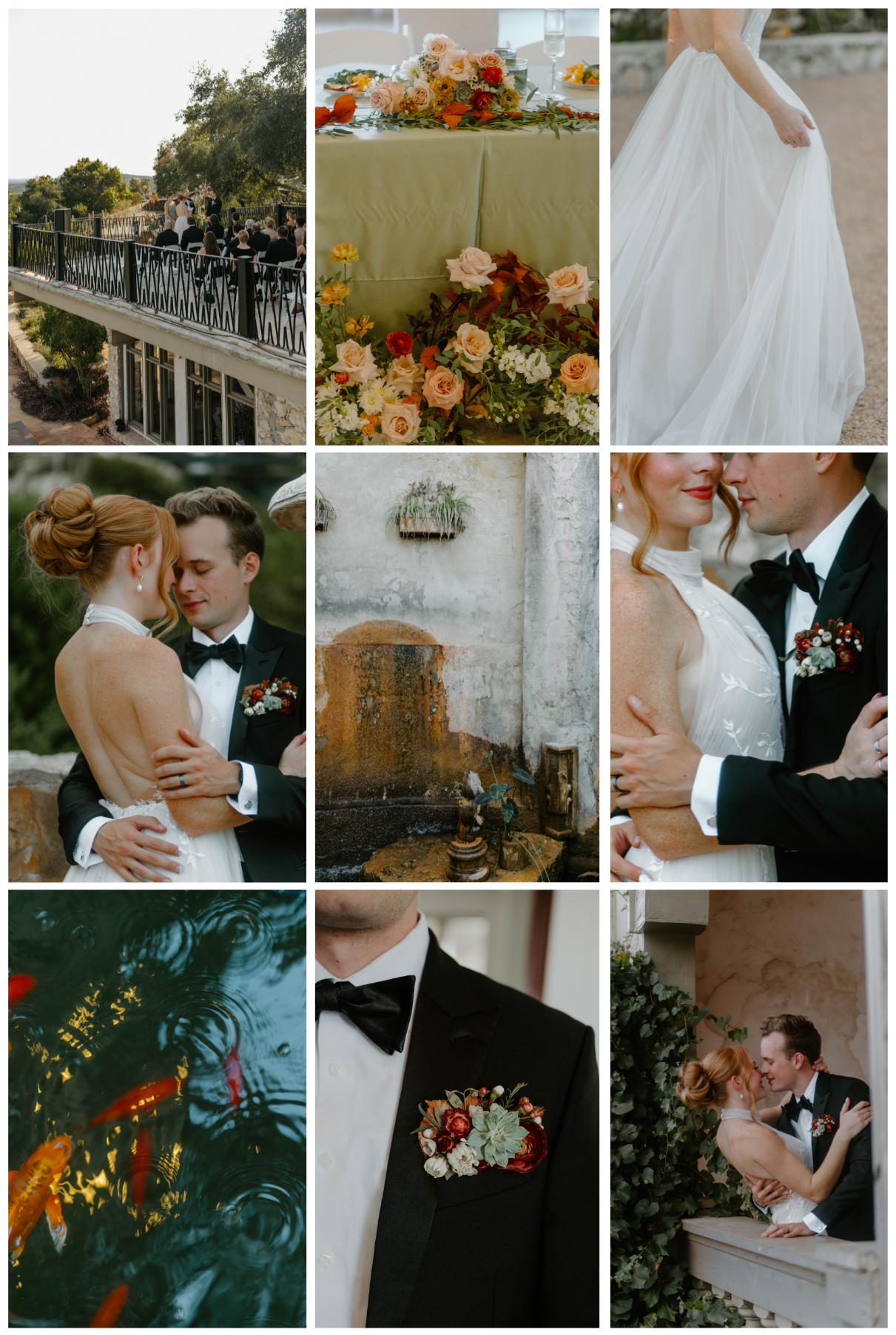 Villa Antonia Wedding highlight image collage featuring an autumn color palette, luxury photography and garden estate wedding vibes. 